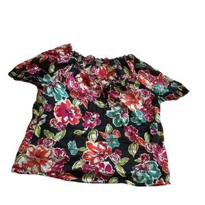 Petite Large Ann Taylor Black Bold Floral Blouse Short Sleeve  Top Lightweight
